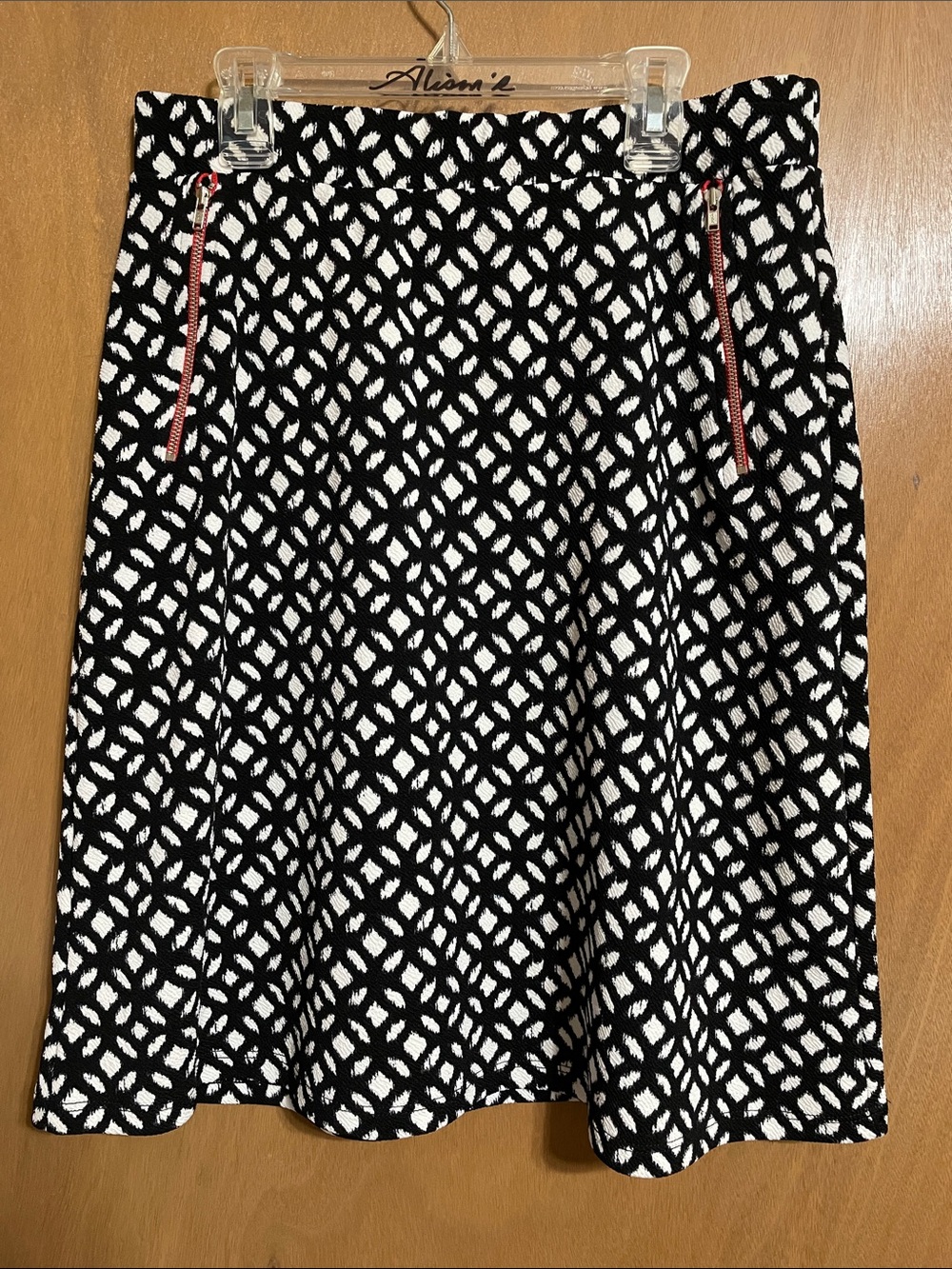 Le Lis Black and White Circle-Print Skater Skirt with Red Zipper Detail